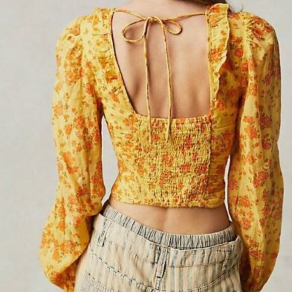 Free People Yellow Floral Print Blouse Ruffles Ruching Balloon Sleeve Small NWT - Picture 4 of 16